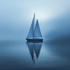 Serene Sailboat Reflected on a Misty Morning Lake