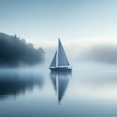 Serene Sailboat Reflected on a Misty Morning Lake