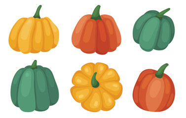 Set of different autumn pumpkins. Orange, yellow and green pumpkin and squash. October, fall, harvest time. Autumn vegetables. Vector illustration isolated on white. 
