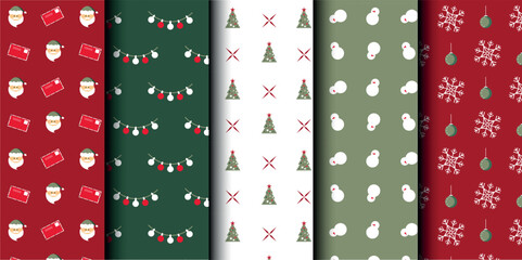 Set of Christmas vector seamless pattern. Merry Christmas and Happy New Year. Christmas symbols background. Vector red and green seamless illustration