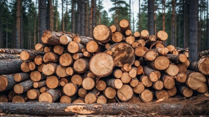 The logs are stacked in the forest. The problem of deforestation.
