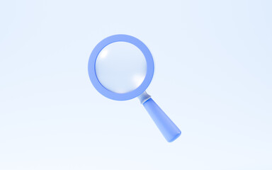 Cartoon magnifying glass in the blue background, 3d rendering.
