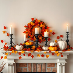 Autumn mantelpiece decorated with pumpkins and colorful leaves in fall