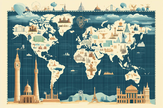 A colorful map of the world with many buildings and landmarks