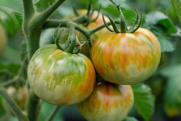 Closeup of colorful green and orange stripey tomatoes growing on a vine in a greenhouse