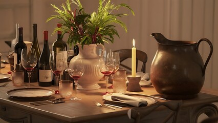 Bottles of wine, wine glases, vase with green plants and jug on wooden surface