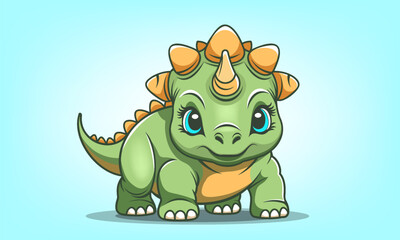 Vector cartoon cute funny green smiling baby dinosaur. Horned cuddly kid dino. Toon fossil reptile. Light blue isolated background. © GAlexS