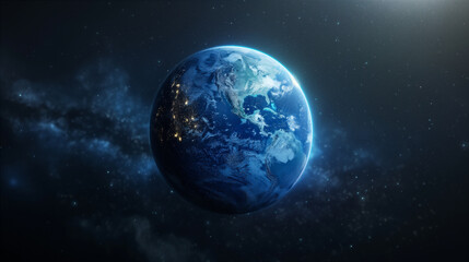 View of Earth from space highlighting vibrant blue atmosphere on dark background. Generative AI