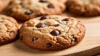 American cuisine dish: Cookies with chocolate chips on a wooden board.