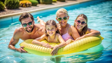  happy family with inflatable mattress in swimming