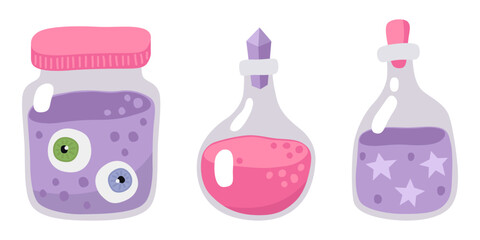 Magic potions, poisons. Cute simple Halloween images. Bottles with magic potions, a jar with eyes. Elements for design isolated on white.