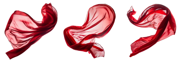 Three transparent red silk scarves float in the wind, the light comes from behind. 