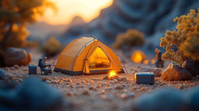 A miniature desert camp at sunset, featuring a yellow tent, campfire, and tiny figurines enjoying the outdoor experience.