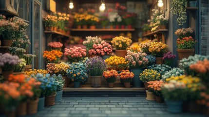 Fototapeta premium A charming miniature flower shop filled with vibrant, colorful flowers in pots, creating a lively and inviting atmosphere.