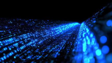 long digital pipeline shaped by vibrant glowing  blue matrix binary code
