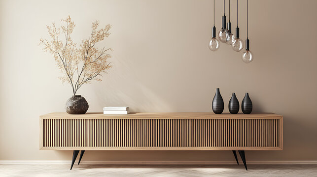 modern wooden sideboard with decorative items in a room with a blank beige wall, concept of minimalist interior design