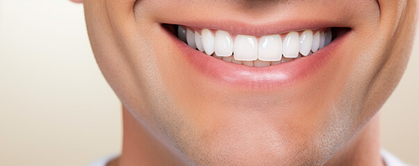 Obraz premium A close-up of a smiling man showcasing white teeth against a neutral background
