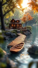 A serene miniature lakeside scene featuring a cozy cabin, wooden dock, and a small boat at sunset.