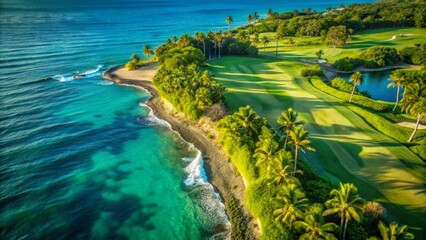 An aerial view shows a lush green golf course located right next to a beautiful, crystal-clear turquoise ocean.