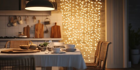Elegant Dining Room with String Lights and a Cozy Ambiance