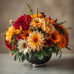 Fototapeta premium Colorful floral arrangement in a bowl showcasing autumn hues and textures