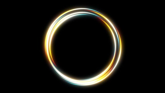 Neon circle lights abstract background for colorful vortex concept. Bright shiny round border for presentation slide. Seamless loop. A luminous spiral frame illuminated by radiant light. Teleport