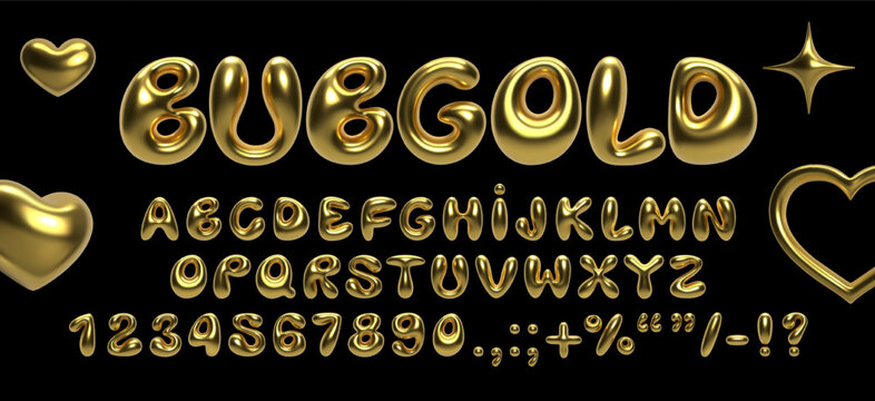 3D gold balloon bubble font with shiny inflated letters, numbers, and symbols. Realistic golden alphabet with a glossy metallic effect, ideal for modern typography, text design, posters, and banners