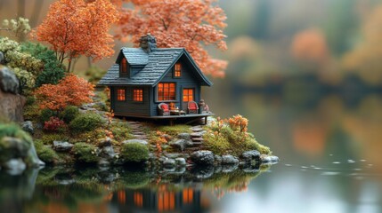 A miniature lakeside retreat with a cozy cabin surrounded by autumn foliage and serene water reflections.