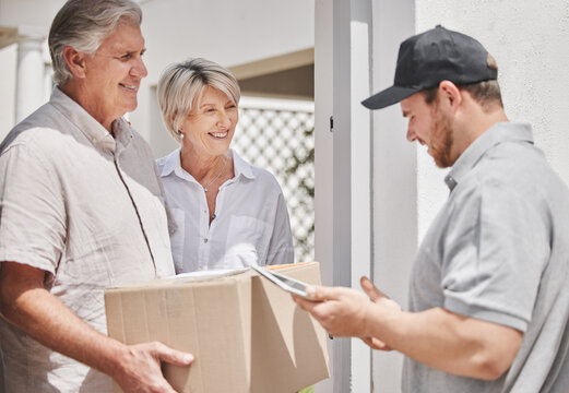 Front door, parcel and senior couple with deliveryman for ecommerce order courier at home. Happy, cardboard box and elderly people in retirement with logistics driver for cargo package at house.