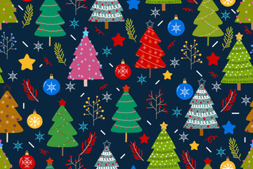 christmas seamless pattern with snowman, christmas trees, stars and snowflakes.	