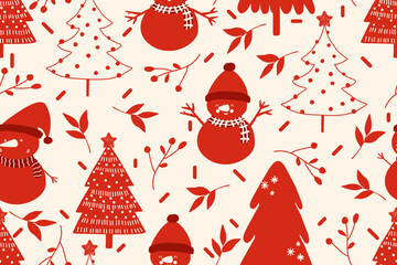 christmas seamless pattern with snowman, christmas trees, stars and snowflakes.	