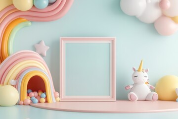Playful Kids' Room with Frame Mockup, Mini Slide, Ball Pit, and Unicorn Toy in Pastel Decor