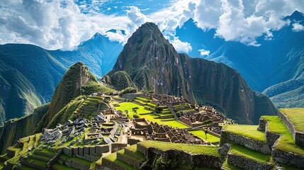 A picturesque view of the ancient Incan city of Machu Picchu, nestled high in the Andean mountains of Peru. The terraced ruins of stone structures and pathways are spread across a lush green landscape