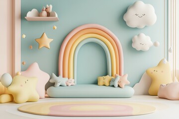 Cheerful Rainbow-Themed Children's Room Frame Mockup with Cozy Reading Nook and Cloud Shelf