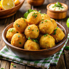 Bolinhos de Bacalhau: fried round pieces of salted cod.