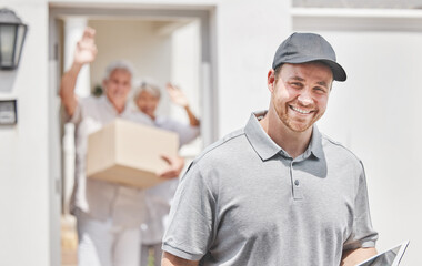 Happy man, portrait and delivery service with tablet for online order, logistics or package by door...