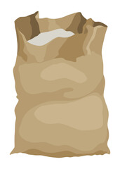 Burlap farmer bag with flour, rice or salt. Agricultural product. Farm production in brown textile bale, open sack with product inside. Cartoon vector icon