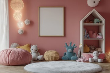 Dreamy Children's Room with Pastel Pink Walls, Frame Mockup, and Cozy Reading Corner