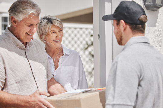 Front door, package and senior couple with deliveryman for ecommerce order courier at home. Happy, cardboard box and elderly people in retirement with logistics driver for cargo parcel at house.