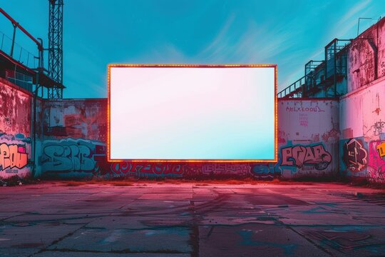 A large blank billboard with bright lights in an urban alley, surrounded by colorful graffiti, perfect for advertisement mockups or creative backgrounds,