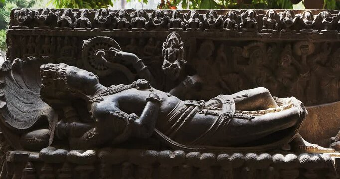 Ancient Statue Sheshashayi Or Shesha Also Known Like Sheshanaga Is Serpentine Demigod -naga- And King Of Serpents -nagaraja-. Hindu God Vishnu Is Resting On Shesha, Accompanied By His Consort Lakshmi