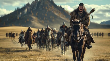 Genghis Khan Leading His Mongol Army on Horseback Across the Open Plains