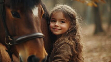 Fototapeta premium Happy, nature and child with a horse in a forest training for a race, competition or event. Adventure, animal and young girl kid with stallion pet outdoor in the woods for equestrian practice