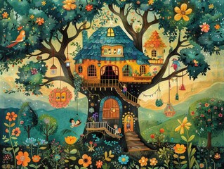 A whimsical treehouse nestled in a vibrant forest, adorned with flowers and whimsical details.