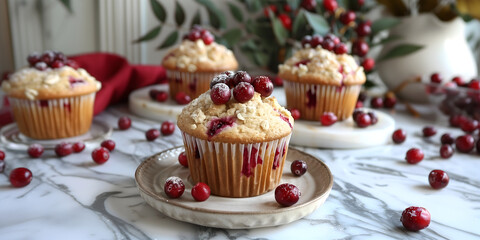 Creative food concept. Cranberry Cupcake muffin cake with topping of berry berries and almond nuts on rustic country style white marble background with sunlight shining. copy text space