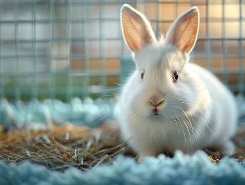 A white rabbit sits in a cage, looking directly at the camera. The rabbit is surrounded by straw and hay.