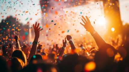 Hands Raised in Celebration Amidst Flying Confetti at a Festival - obrazy, fototapety, plakaty