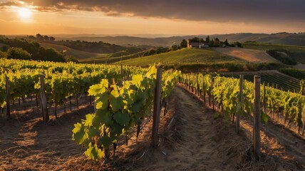 Naklejka premium Vineyard landscape on hill with sunset panorama