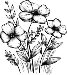 Charcoal doodle flower illustration showcasing a botanical drawing with floral design elements line art sketch of hand drawn nature blossoms perfect for garden decoration and wedding invitations