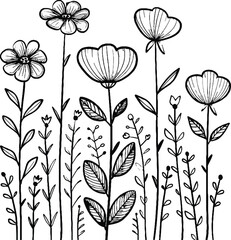 Hand drawn charcoal doodle floral design minimalist line art of blooming flowers perfect for spring and summer garden decorations and botanical illustrations in nature inspired themes